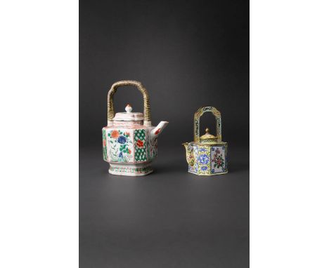 TWO CHINESE TEAPOTS AND COVERS KANGXI 1662-1722 AND 19TH CENTURY Each with an upright handle, the famille verte teapot painte