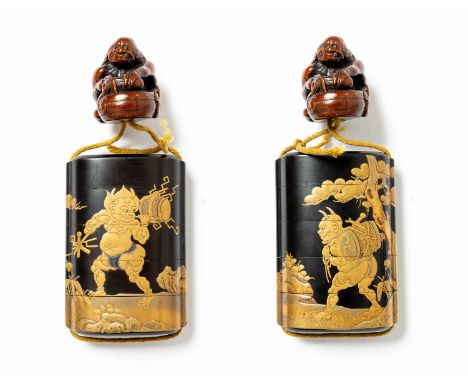 A JAPANESE GOLD AND BLACK LACQUER FOUR-CASE INRO MEIJI ERA, 19TH CENTURY Decorated with Raijin to one side and Fujin to the r