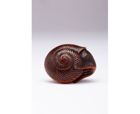 AN UNUSUAL JAPANESE WOOD NETSUKE OF A SNAIL MEIJI ERA, 19TH CENTURY Realistically carved, its shell with a radiating pattern 