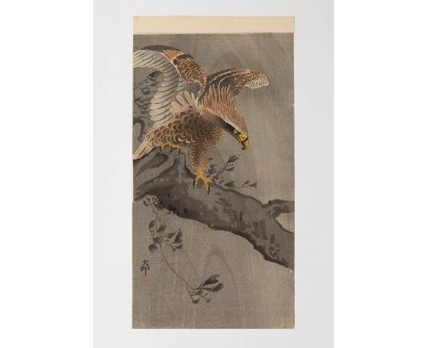 OHARA KOSON (1877-1945) MEIJI ERA, C.1910 A Japanese woodblock print entitled 'Eagle with spread Wings on a Tree Trunk', the 