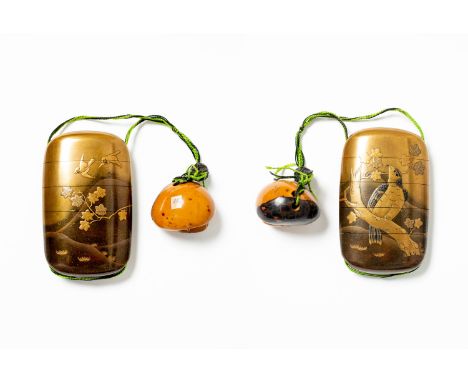 A JAPANESE FOUR-CASE GOLD LACQUER INRO MEIJI ERA, 19TH CENTURY Decorated to one side with a hawk perched on a leafy maple tre