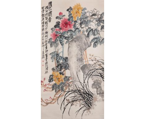ATTRIBUTED TO WU CHANGSHUO PEONY AND FLOWERS A large Chinese hanging scroll painting, ink and colour on paper, inscribed and 