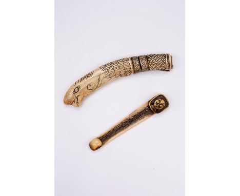 A JAPANESE ASAKUSA-STYLE STAG ANTLER SASHI NETSUKE MEIJI ERA, 19TH CENTURY The upper part decorated with an abstract scrollin