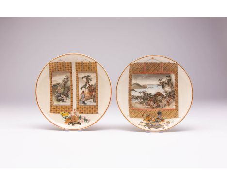 TWO JAPANESE SATSUMA DISHES BY KINKOZAN MEIJI ERA, 19TH CENTURY One dish decorated with a large kakemono (scroll painting) de