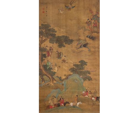 AFTER LÜ CHENG (19TH CENTURY) BAXIAN CELEBRATING  SHOULAO'S BIRTHDAY A Chinese scroll painting, ink and colour on silk, the t