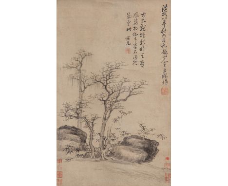 AFTER WANG FU (19TH CENTURY) PINE AND ROCK A Chinese scroll painting, ink on paper, with the signature of Wang Mengduan, insc