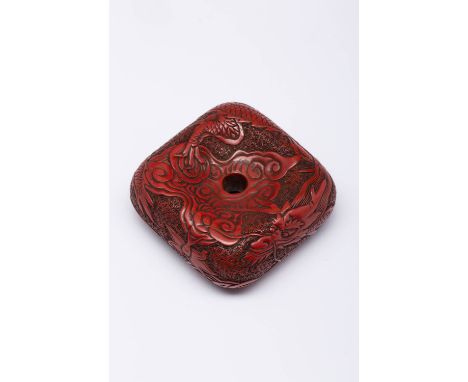 AN UNUSUAL JAPANESE RED LACQUER MANJU NETSUKE MEIJI ERA, 19TH CENTURY Of flattened square form and with rounded corners, deco