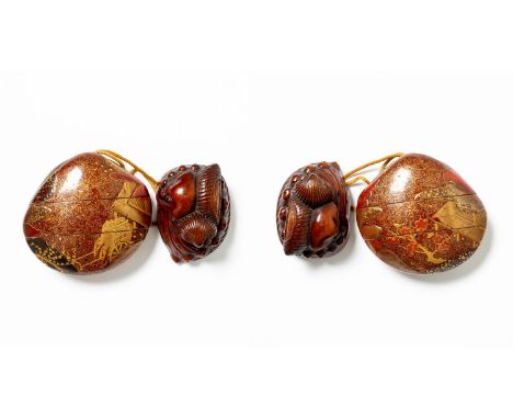 A JAPANESE TWO-CASE LACQUER INRO MEIJI ERA, 19TH CENTURY Shaped as a seashell, decorated to one side with a veranda and a flo