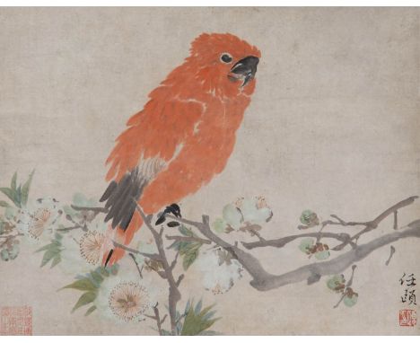 REN YI (1840-1895) PARROT AND PEACH BLOSSOM A Chinese scroll painting, ink and colour on paper, the title-slip reads Ren Boni