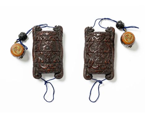 AN UNUSUAL JAPANESE WOOD THREE-CASE INRO MEIJI ERA, 19TH CENTURY The body carved with formal designs on a dense diaper ground