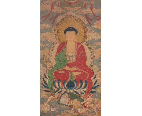 ANONYMOUS (QING DYNASTY) PORTRAIT OF SHAKYAMUNI A large Chinese hanging scroll painting, ink and colour on paper, title-slip 