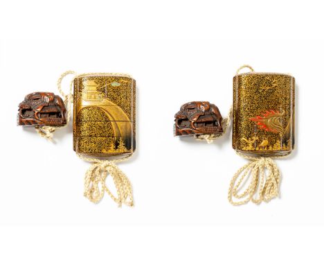 A JAPANESE FOUR-CASE GOLD LACQUER INRO BY HARA YOYUSAI (1772-1845/6) EDO PERIOD, 19TH CENTURY Decorated with three banners to