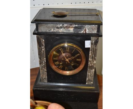 A late Victorian Belge Noire mantel clock, Roman numerals, twin winding holes, eight day movement, 30cm high, c.1890