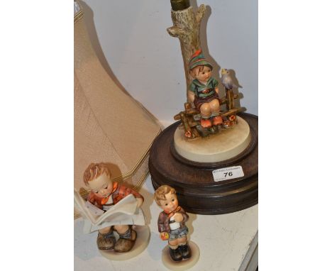 Goebel Hummel - a Goebel figure, Das Allerneueste; another, Cheeky Fellow; a Goebel table lamp (3)