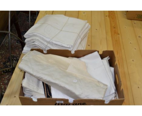 Linen - a set of monogrammed sheets; a table runner with cowrie shells , table cloths; cushion cover ; etc 