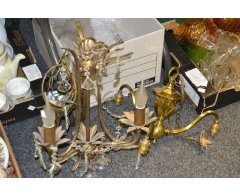 Lighting -  a three light electrolier, bell shaped glass shades; chandelier, faceted glass drops