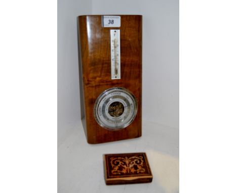 A mid twentieth century barometer/thermometer; an inlaid snuff box(2)