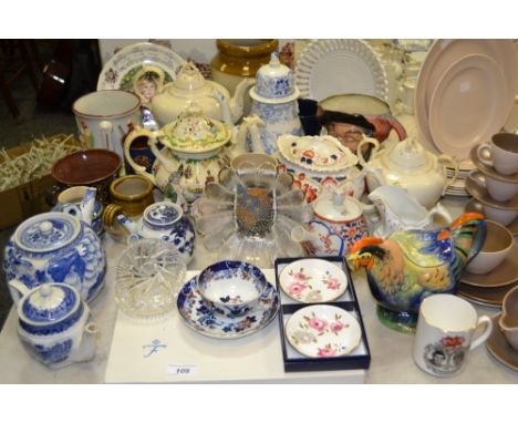 Ceramics - a Royal Doulton character jug, Falstaff; a Staffordshire pottery 'Rooster ' teapot; Oriental blue and white teapot