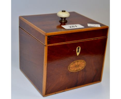 A Sheriton revival mahogany and satinwood inlay caddy, ivory finial 