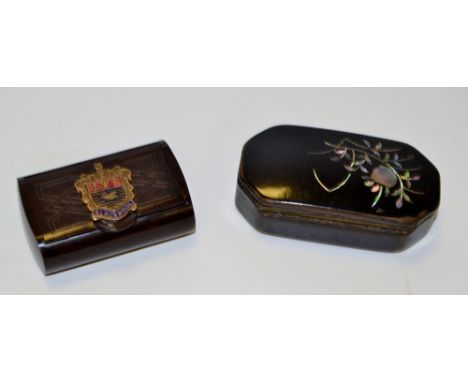 A Victorian canted rectangular snuff box, inlaid with abalone; another bakelite snuff box, applied with the Blackpool crest (