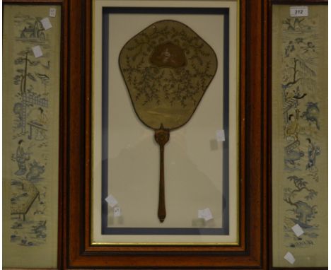 A pair of framed Chinese silk embroidered panels; a Victorian silk face screen, framed (3)