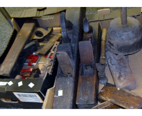 Tools - a vintage wooden plane another; clamps, scrapers; hammer ; etc 