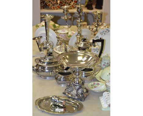 Plated ware - a Middle Eastern influenced comport with three resting camels to base; an EPNS four branch Candelabra; epergne;