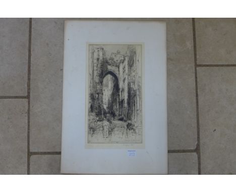 Hedley Fitton 1859-1929 - etching La Porte de la Cadenne St Emilion - etching signed in pencil by artist, 38x21cm - unframed,