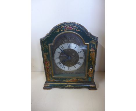 A chinoiserie decorated mantle clock with a French movement - 21cm tall, winds but will not run 