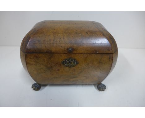 A burr walnut two section tea caddy on brass hairy claw feet - 16cm tall x 22cm x 14cm - some damage to top, otherwise reason