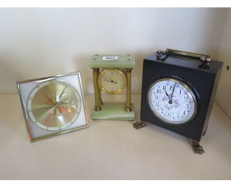 Three mantle clocks including a portico style clock, all running, tallest 16cm 