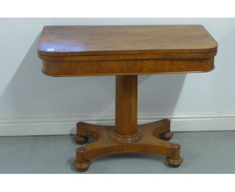 A 19th century walnut fold over card table on a platform base, 72cm tall x 91cm - needs some restoration 