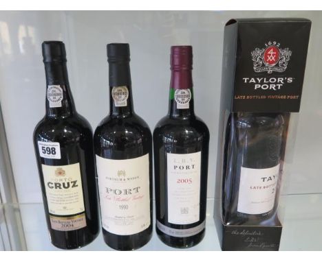 Four bottles of late bottled Port, Porto Cruz 2004 - Fortnum and Mason 1990, Taylors 2001 and Marks and Spencer 2005 