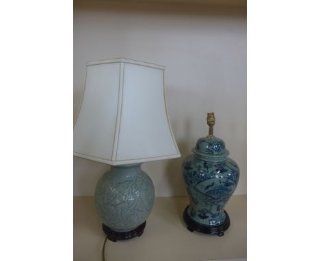 A Celadon crackle glaze, table lamp with shade, 60cm tall and a chinoiserie lamp with no shade, 46cm tall - will need re-wiri