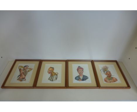 Thein Han, 1810-1986 - four portrait studies, framed - 30cm x 25cm 