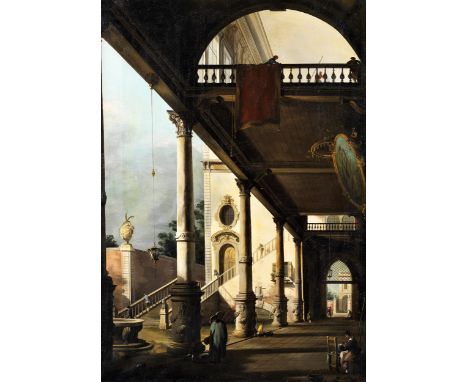 Giovanni Antonio Canal, genannt „Canaletto“, 1697 Venedig – 1768 ebenda, Nachfolge desCAPRICCIO EINER PALASTLOGGIA MIT FIGURE