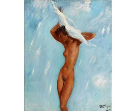 Jean Gabriel Domergue, 1889 Bordeaux – 1962 ParisSINNLICHER FRAUENAKT MIT TUCHÖl auf Hartfaserplatte.80,7 x 65,2 cm.Rechts un