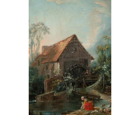 François Boucher, 1703 Paris – 1770 ebendaDIE MÜHLE, UM 1750Öl auf Leinwand.51,3 x 62,3 cm.In geschnitztem, vergoldetem Holzr