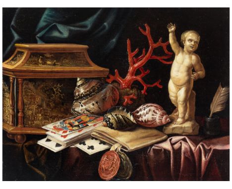 Christian Luyckx, auch „Christiaan Luycks“, 1623 Antwerpen – 1657 ebendaSTILLLEBEN MIT SCHMUCKKÄSTCHEN, KARTENSPIEL, KORALLE,
