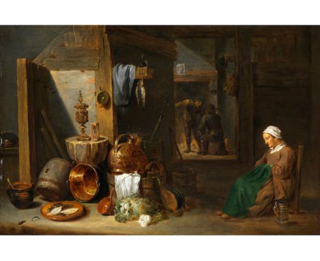 David Teniers d. J., 1610 Antwerpen – 1690 BrüsselÄLTERE DAME IN EINER SCHEUNE MIT KÜCHENUTENSILIENÖl auf Holz.42 x 63 cm.Lin