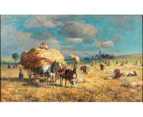 Karl Stuhlmüller, 1859 München – 1930 EtzenhausenBAUERN BEI DER HEUERNTEÖl auf Leinwand.34,2 x 56,8 cm.Rechts unten signiert 