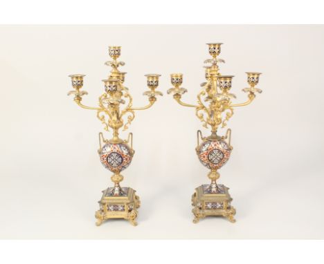 A pair of 19th Century French ormolu and champleve enamel five branch candelabra, height 17"