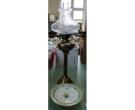 A brass column oil lamp plus a Victorian Minton floral comport