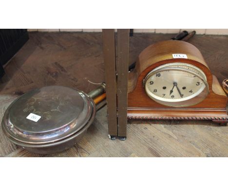 A silver top walking cane, Victorian copper warming pan, yard rule plus a mahogany mantel clock