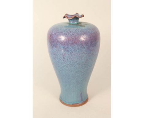 A Chinese mauve and blue Jung ware narrow neck vase, seal marks to base, height 11"