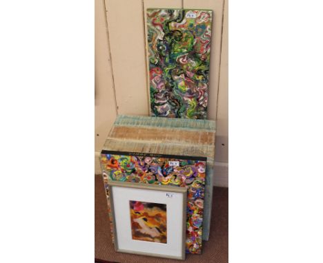 A painted stool plus three contemporary pictures