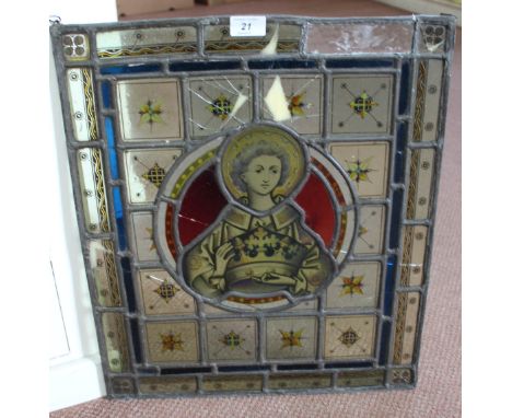A stained glass panel depicting a Christian Saint (light restoration), 20" x 17"