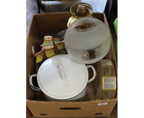 A Czech pottery galleon vase, brass oil lamp, enamel flour bin plus a small display case