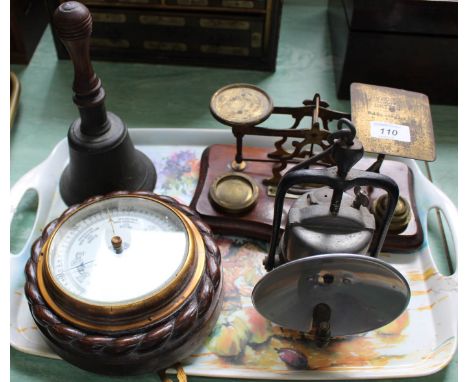 Brass postal scales and weights, school bell, circular oak barometer plus a carbide lamp