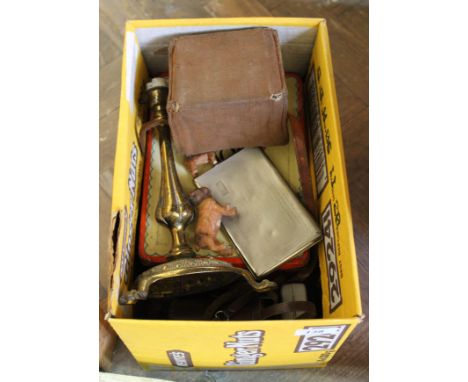 A Sharps toffee tin, brass table lamp and sundries